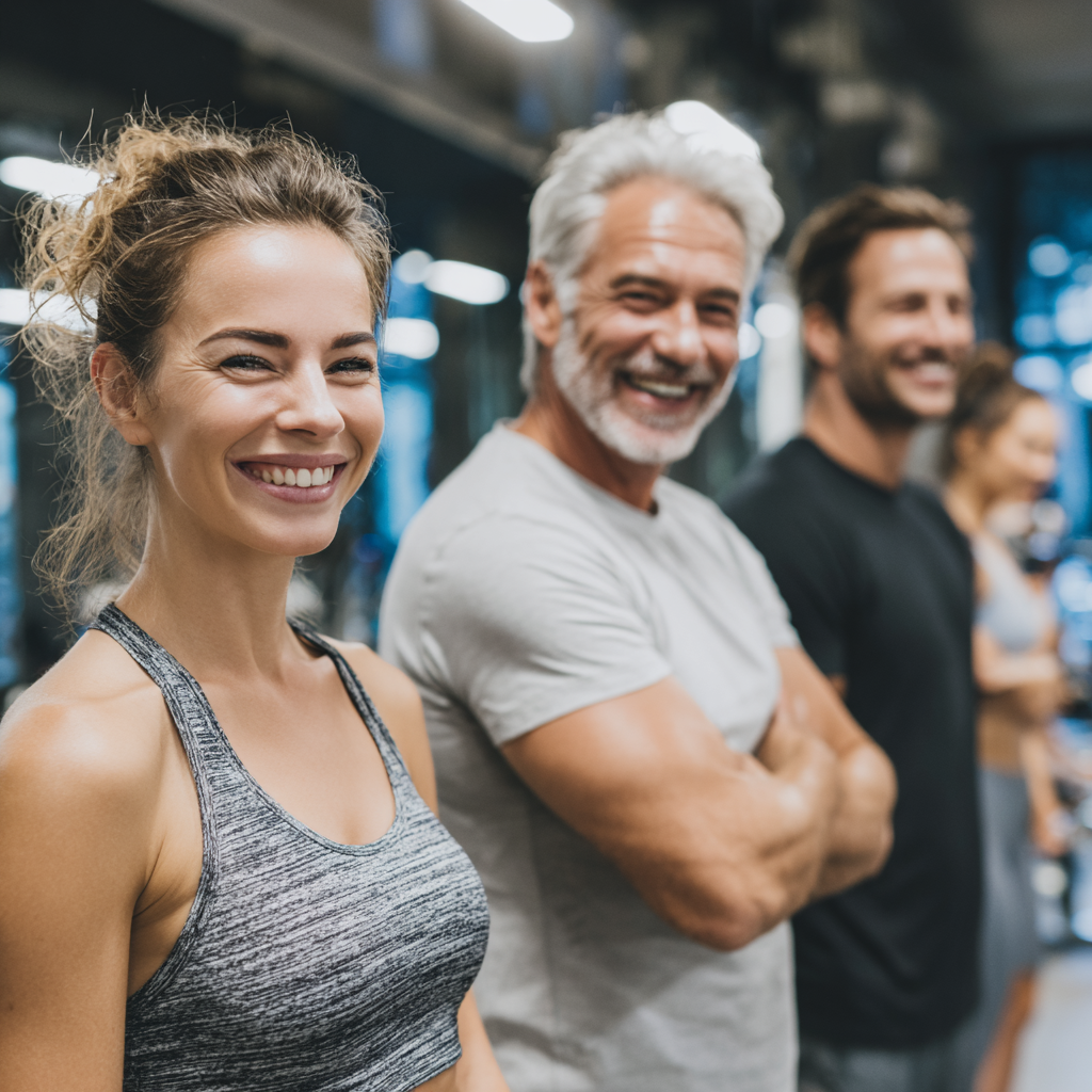 Усмихнати възрастни българки по време на фитнес тренировка в съвременна зала